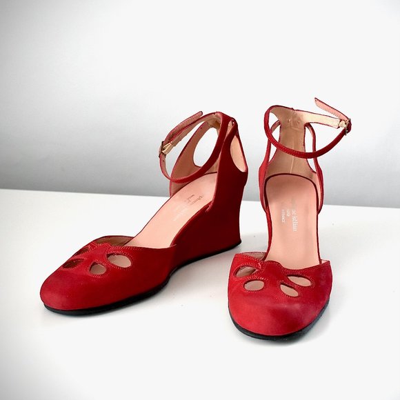 Stephane Kelian Made in FRANCE Red Suede 2.25” Wedge shoes Womens 6.5 - Picture 3 of 13